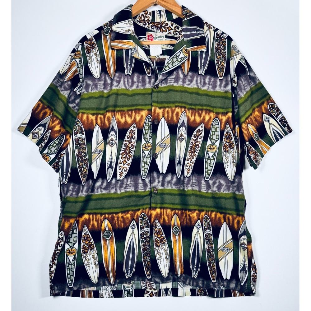 Vintage Hilo Hattie Hawaiian Shirt Men XL Green Surfboard Aloha Made in Hawaii